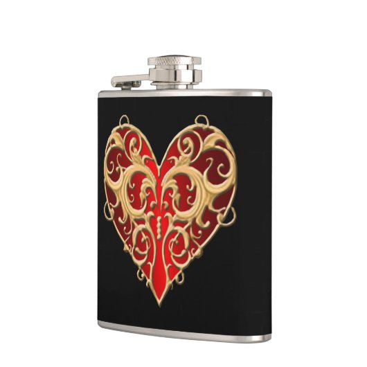Red Filigree Heart Flask Heupfles (Links)