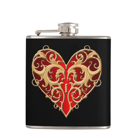 Red Filigree Heart Flask Heupfles (Voorkant)