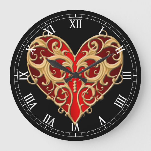 Red Filigree Heart Roman Numeral Clock Grote Klok (Voorkant)