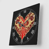 Red Filigree Heart Roman Numeral Clock Vierkante Klok (Hoek)