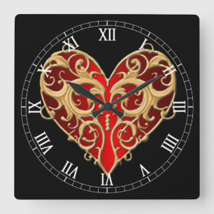 Red Filigree Heart Roman Numeral Clock Vierkante Klok