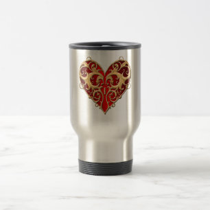 Red Filigree Heart Travel Mug Reisbeker
