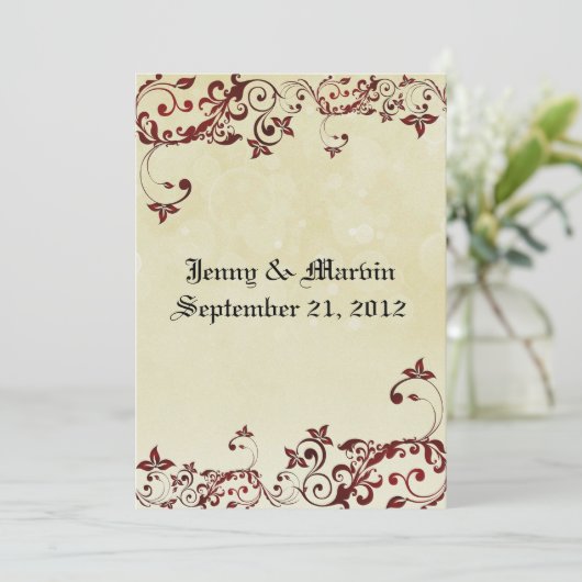 Red Filigree Wedding Invitation Kaart (Staand voorkant)