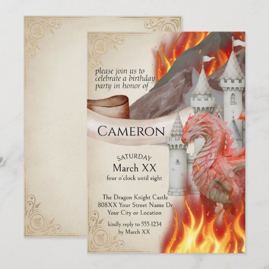 Red Fire Dragon en Castle Fantasy Party Kaart (Voorkant / Achterkant)