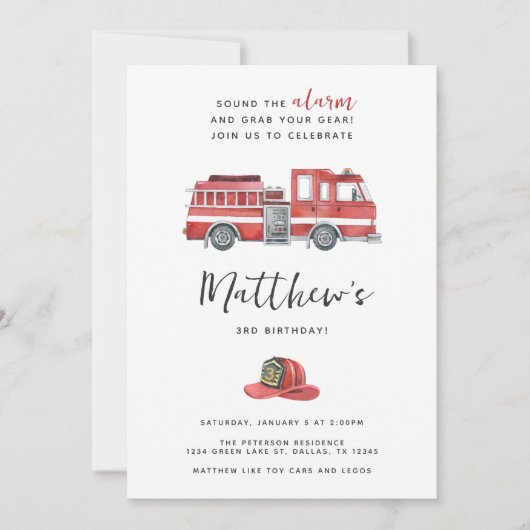 Red Fire Engine Vrachtwagen Verjaardagsfeestuitnod Kaart (Voorkant)