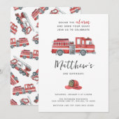 Red Fire Engine Vrachtwagen Verjaardagsfeestuitnod Kaart (Voorkant / Achterkant)
