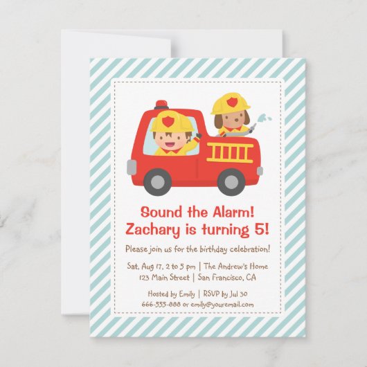 Red Fire Fighter Boy and Dog Birthday Party Kaart (Voorkant)