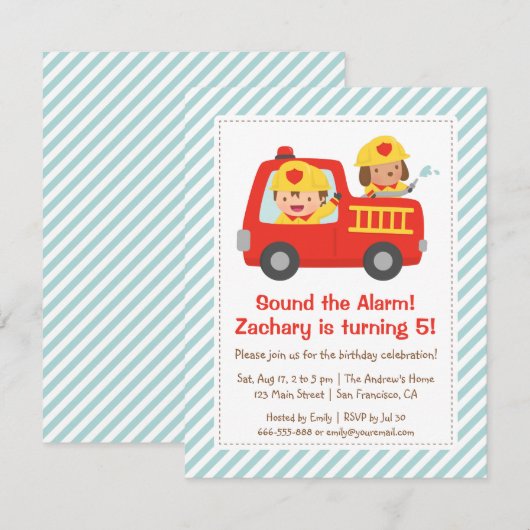 Red Fire Fighter Boy and Dog Birthday Party Kaart (Voorkant / Achterkant)