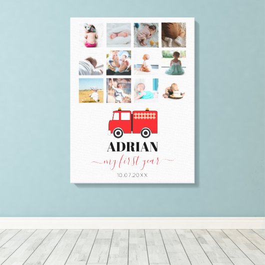 Red Fire Truck Baby First Year Photo Collage Canvas Afdruk (Insitu (Houten vloer))