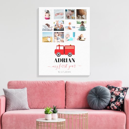 Red Fire Truck Baby First Year Photo Collage Canvas Afdruk (Insitu (Woonkamer))