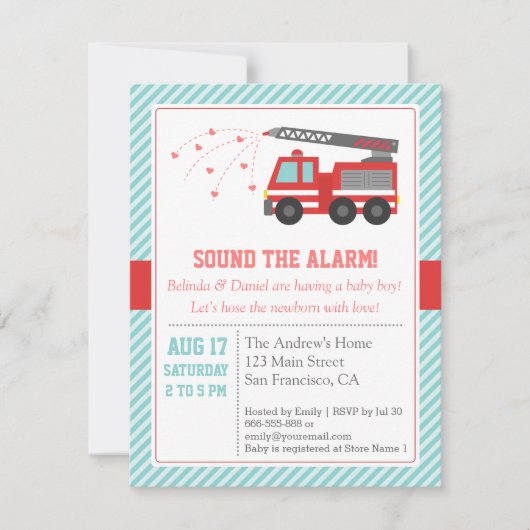 Red Fire Truck Baby shower Party Invitation Kaart (Voorkant)