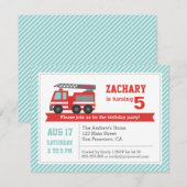 Red Fire Truck Boy Birthday Party Invitation Kaart (Voorkant / Achterkant)