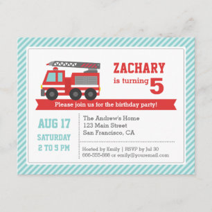 Red Fire Truck Boy Birthday Party Invitation Kaart