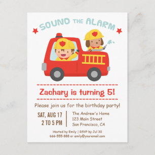 Red Fire Truck, Cute Dog and Boy Birthday Party Kaart