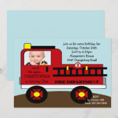 Red Fire Truck Foto Birthday Party Kaart (Voorkant / Achterkant)