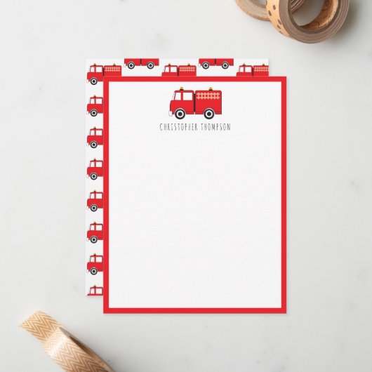 Red Fire Truck Kinder Kinderen gepersonaliseerd Notitiekaartje (Voorkant / Achterkant in situ)