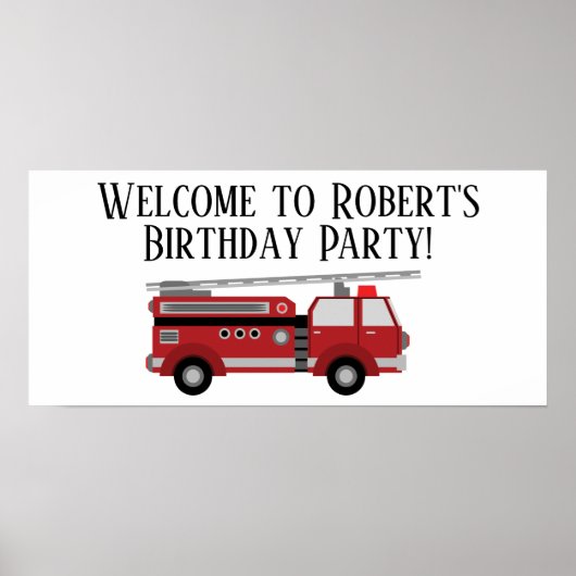 Red Firetruck White Birthday Party Banner Poster (Voorkant)