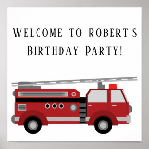 Red Firetruck White Birthday Party Square Poster