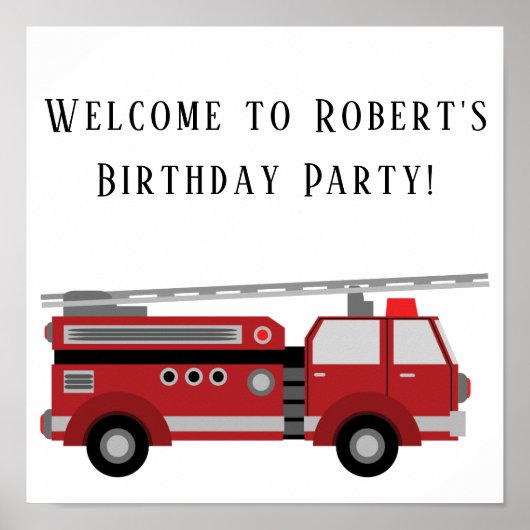 Red Firetruck White Birthday Party Square Poster (Voorkant)