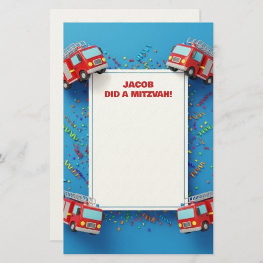 Red Firetrucks Gepersonaliseerd naam Mitzvah Notes Briefpapier (Voorkant / Achterkant)