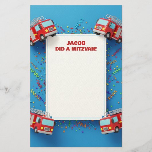 Red Firetrucks Gepersonaliseerd naam Mitzvah Notes Briefpapier (Voorkant)