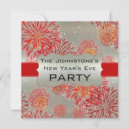 Red Fireworks op Silver New Year's Eve Party Kaart (Voorkant)