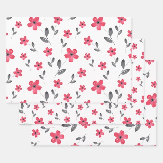 Red Five Petal Waterverf Flowers Inpakpapier Vel (Set)