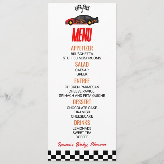Red Flame Race Auto Baby shower Voedsel Menu (Voorkant)