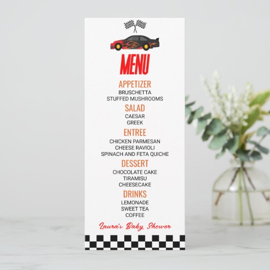 Red Flame Race Auto Baby shower Voedsel Menu (Staand voorkant)