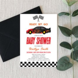 Red Flame Race Auto Geruit Race Flag Baby shower Kaart