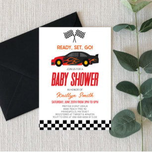Red Flame Race Auto Geruit Race Flag Baby shower Kaart