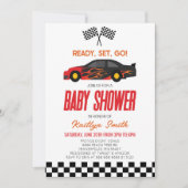 Red Flame Race Auto Geruit Race Flag Baby shower Kaart (Voorkant)