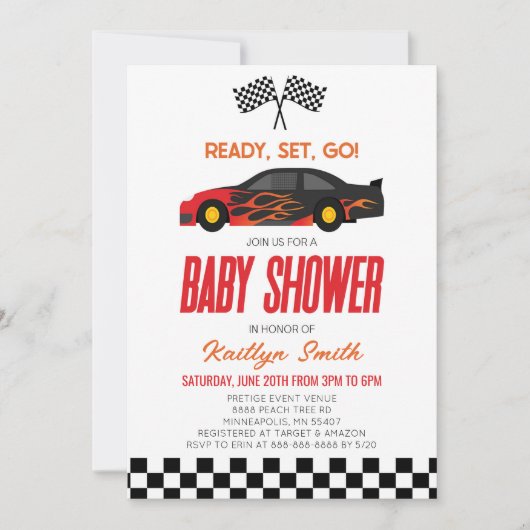 Red Flame Race Auto Geruit Race Flag Baby shower Kaart (Voorkant)