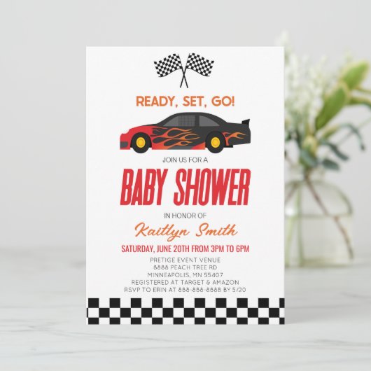 Red Flame Race Auto Geruit Race Flag Baby shower Kaart (Staand voorkant)