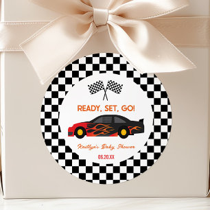 Red Flame Race Auto Klaar Set Go Baby shower Favor Ronde Sticker