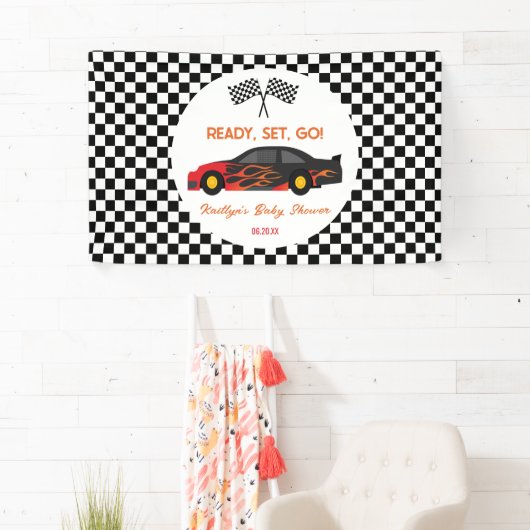 Red Flame Race Auto Ready Set Go Baby shower Spandoek (Insitu)