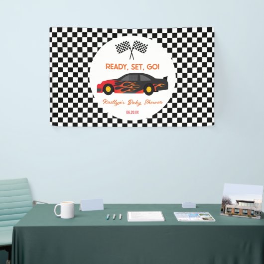 Red Flame Race Auto Ready Set Go Baby shower Spandoek (Beurs)