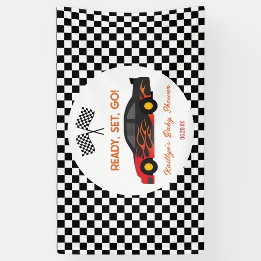Red Flame Race Auto Ready Set Go Baby shower Spandoek (Verticaal)