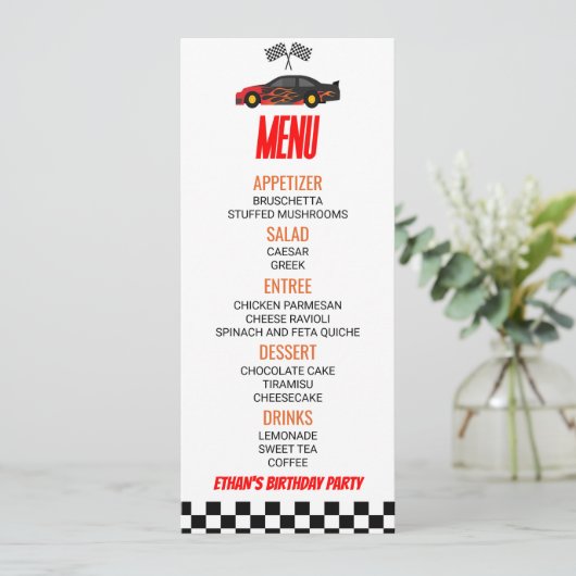 Red Flame Race Auto Verjaardagsfeest Voedsel Menu (Staand voorkant)