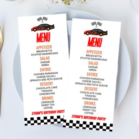 Red Flame Race Auto Verjaardagsfeest Voedsel Menu