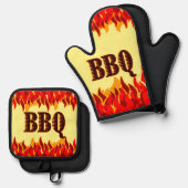 Red Flames Cookout BBQ Gezegde Ovenwant & Pannenlap Set (Voorkant / Achterkant)