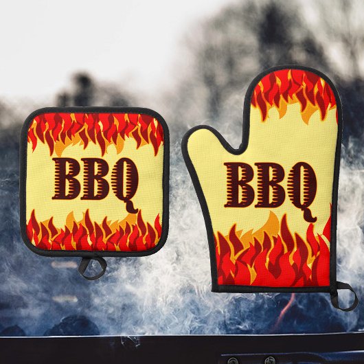 Red Flames Cookout BBQ Gezegde Ovenwant & Pannenlap Set