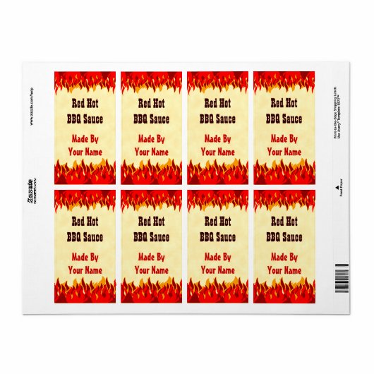Red Flames Custom BBQ Hot Sauce Large Labs Etiket (Full Sheet)