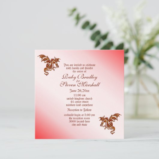 Red Flaming Dragon Fantasy Wedding Invitation Kaart (Staand voorkant)