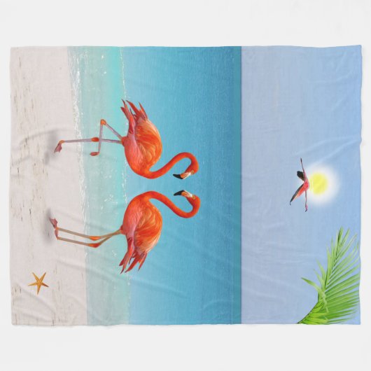 Red Flamingo Couple & Palm Leaf op de strand Fleece Deken (Voorkant (Horizontaal))