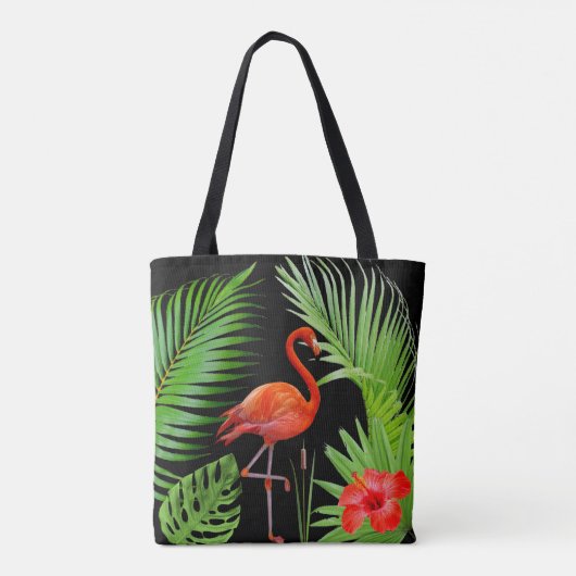 Red Flamingo, Hibiscus en Palm Leaves op Black Tote Bag (Achterkant)