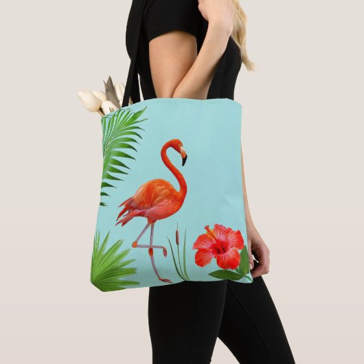 Red Flamingo, Hibiscus en Tropisch Palm Leaves Tas (Dichtbij)