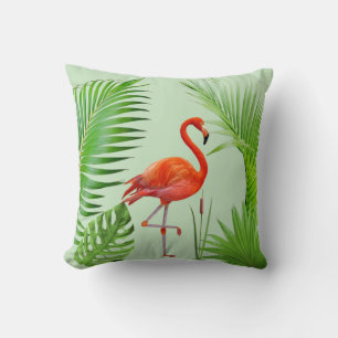 Red Flamingo & Tropical Palm Leaves op Green Kussen