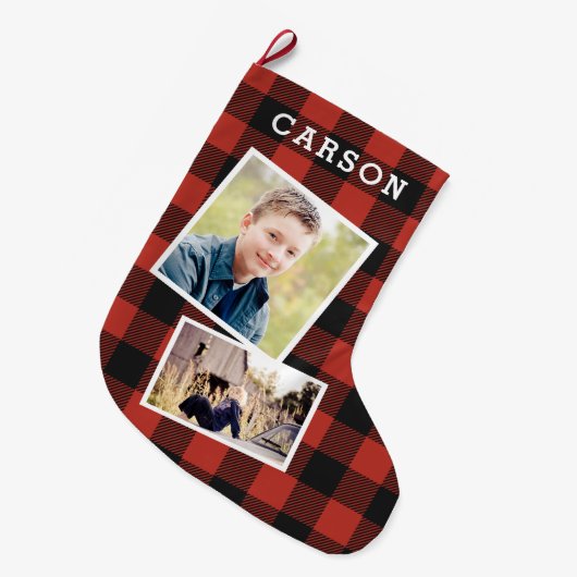 Red Flannel Photo Collage Grote Kerstsok (Voorkant (Hangend))