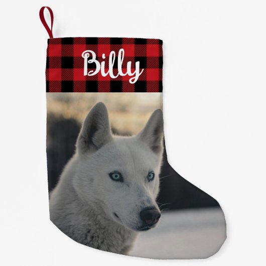 Red Flannel Plaid Rustic Pet Dog foto monogram Kleine Kerstsok (Voorkant)